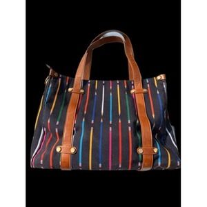 Antik Batik Black Canvas Pencil Print Tote Bag With Leather Straps